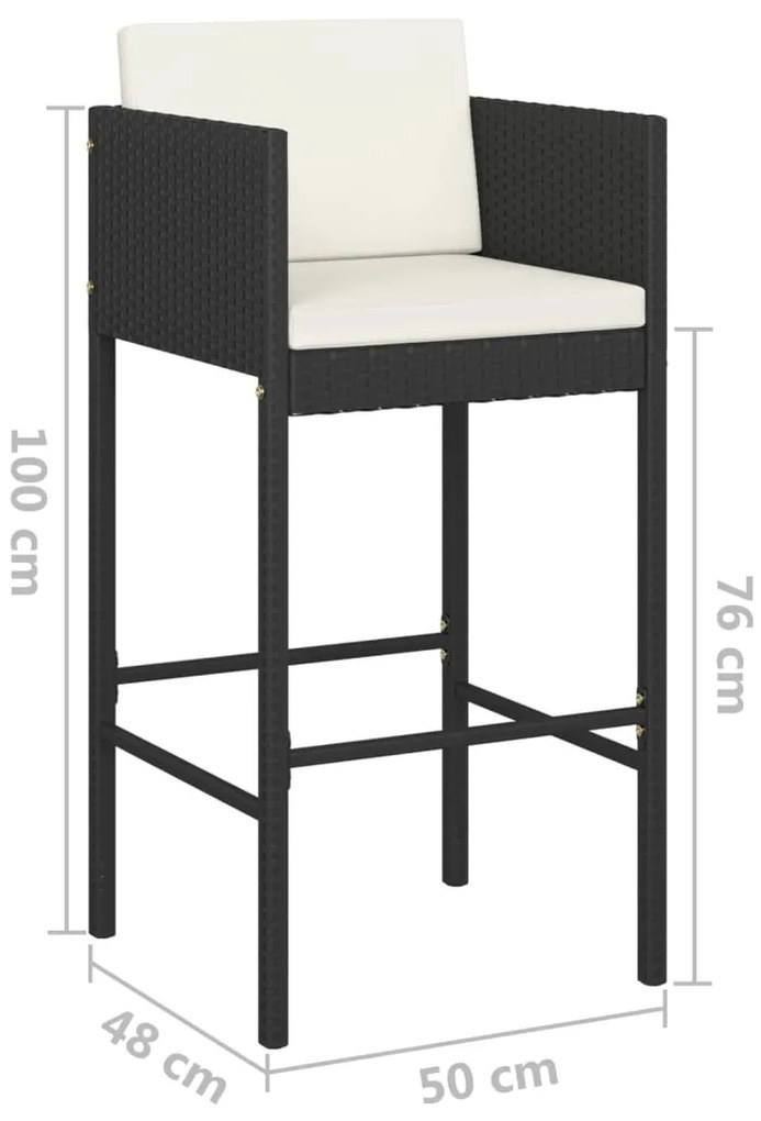 3 pcs conjunto de bar para jardim com almofadões vime PE preto