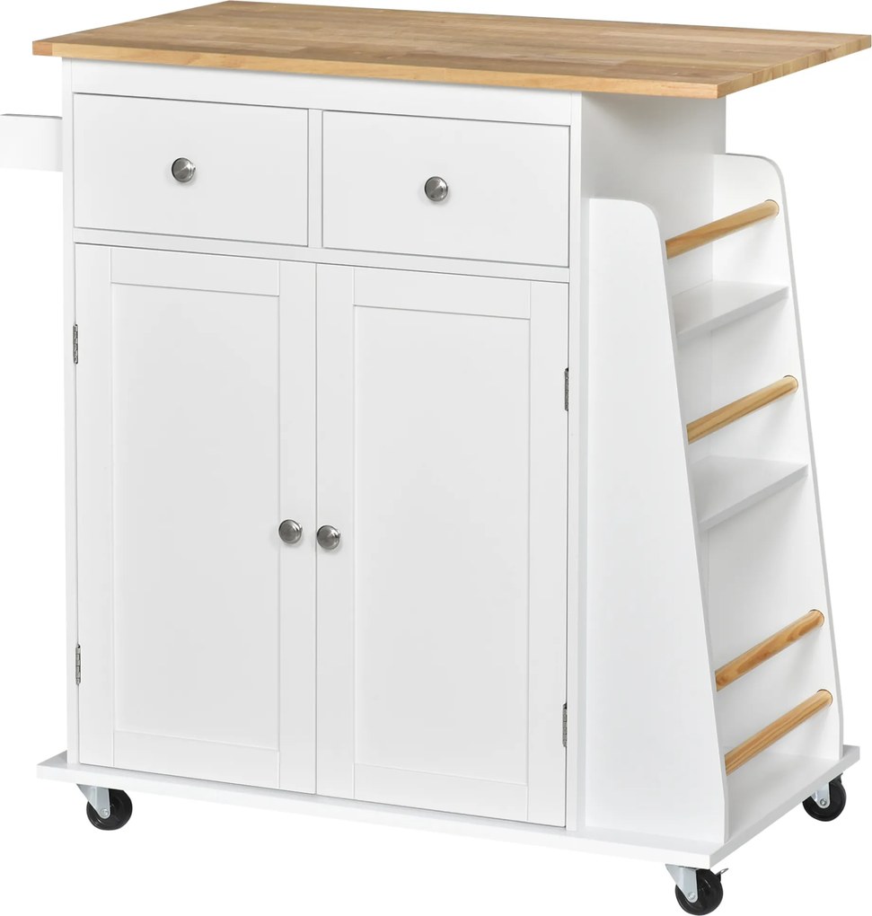 Carrinho de cozinha com ilha, bancada, prateleira para garrafas, suporte para panos de cozinha, 2 gavetas e armário de 2 portas em MDF branco