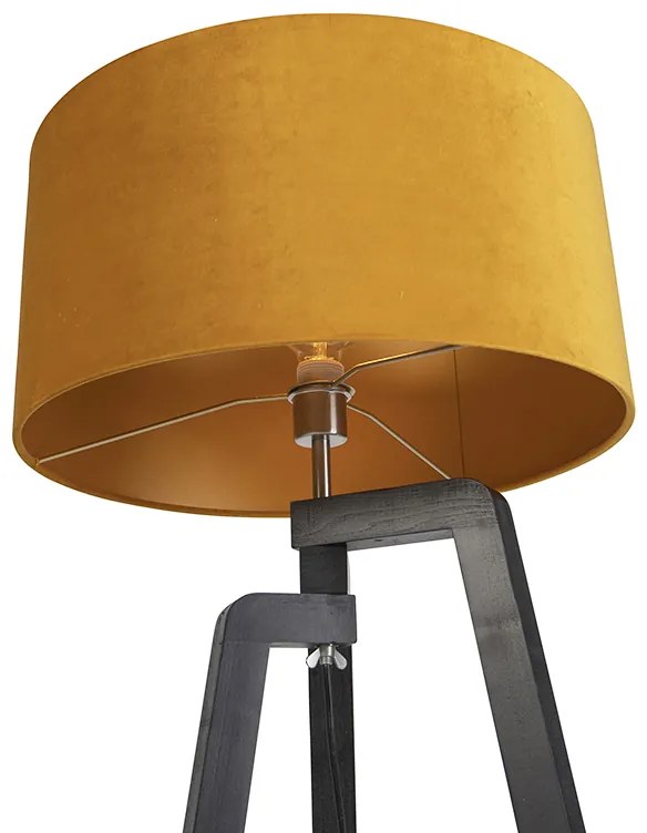 Candeeiro de pé tripé preto com cúpula amarela e dourado 50 cm - Puros Country / Rústico