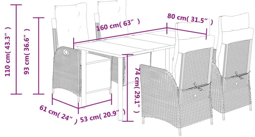 5 pcs conjunto de jantar p/ jardim c/ almofadões vime PE preto