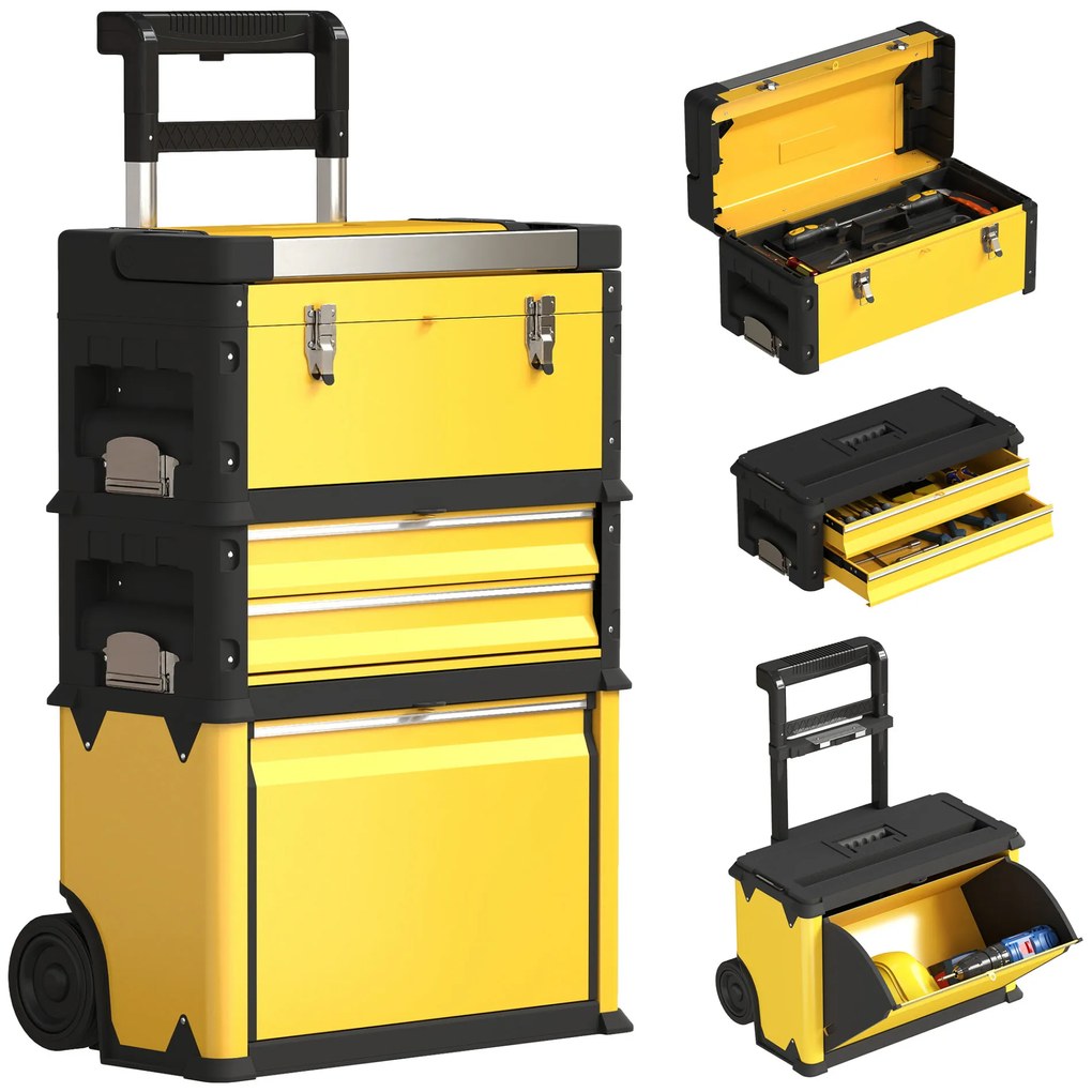 HOMCOM Caixa de Ferramentas Empilhável 3 em 1 Caixa de Ferramentas com Rodas Carro de Ferramentas de Aço com Bandeja e Cabo Telescópico 52x32x72 cm Amarelo e Preto
