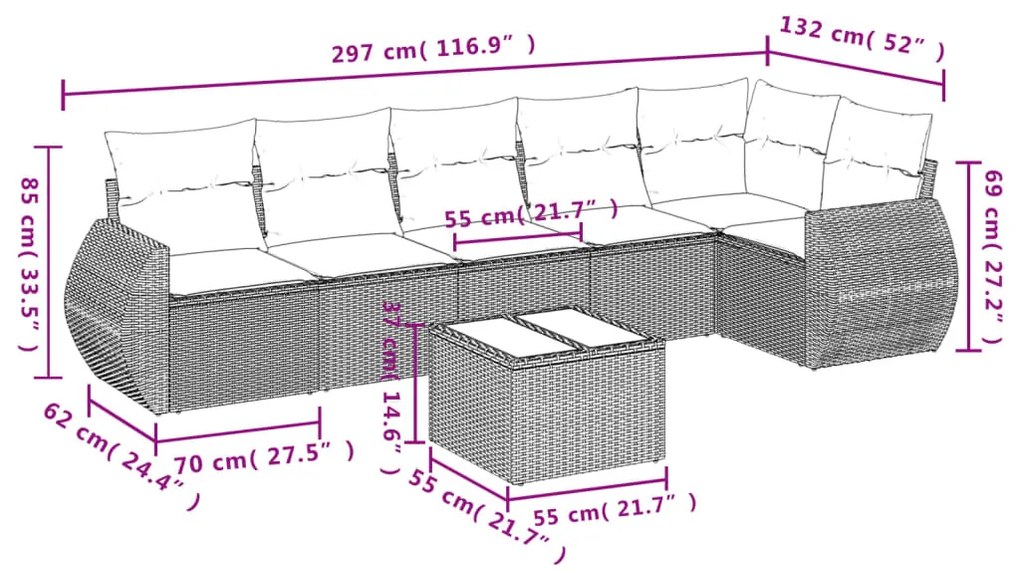 7 pcs conjunto de sofás p/ jardim com almofadões vime PE bege