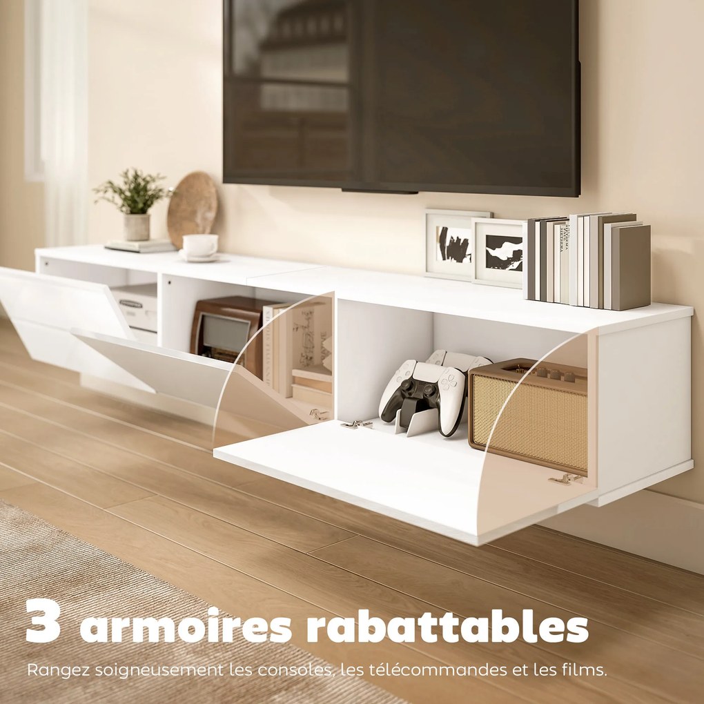 Móvel de TV suspenso de 180 (L) x 31,5 (P) x 29,8 (A) cm, móvel para televisores até 82 polegadas, com 3 portas rebatíveis com fecho suave, branco