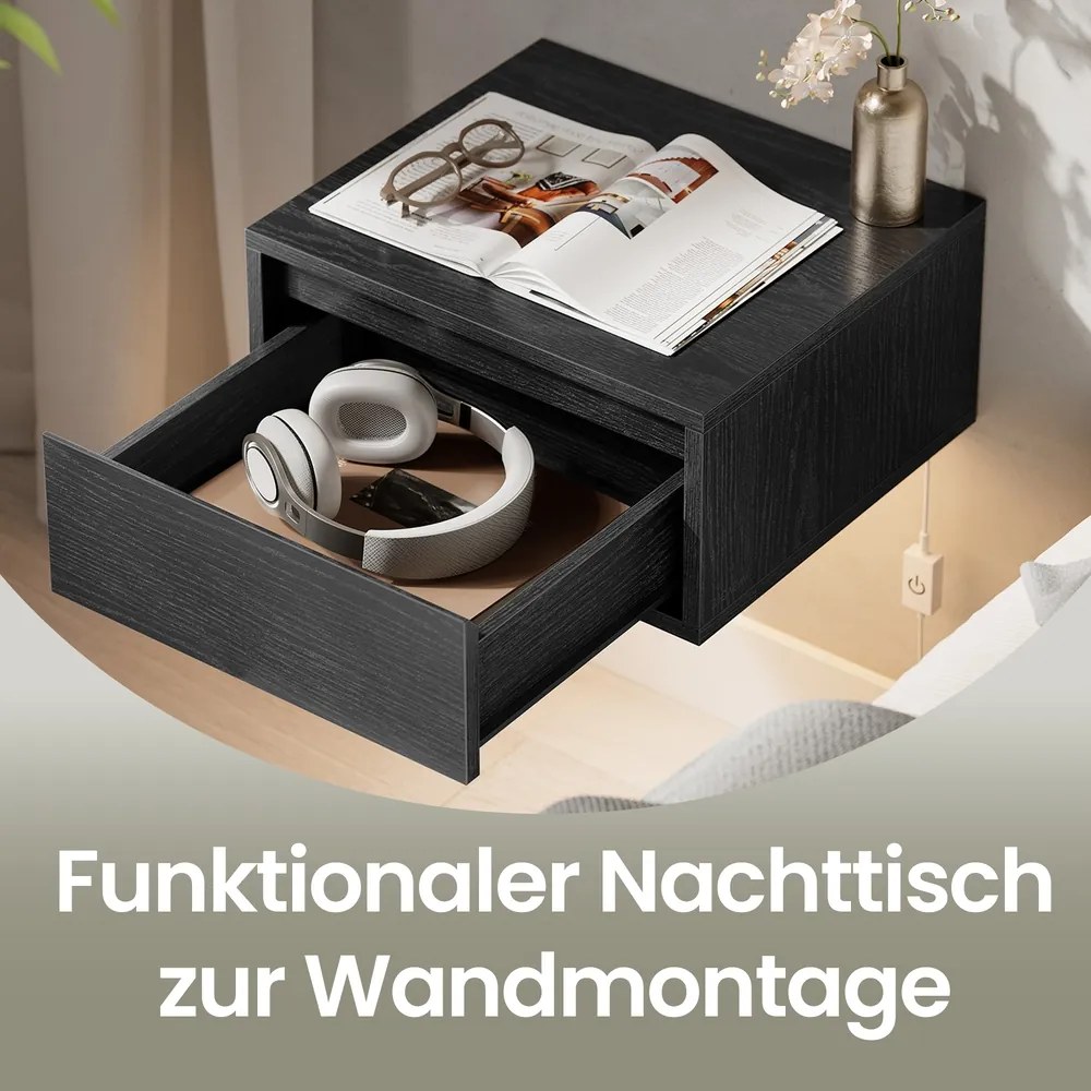 Conjunto de 2 Mesas de cabeceira suspensas 35,1 x 40,1 x 18,1 cm com luz integrada com comando pretas