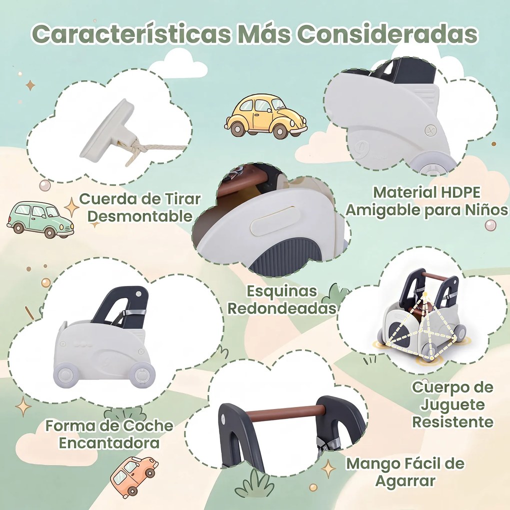 Andador de Empurrar 4 em 1 para Bebés, 46,5 x 44,5 x 51 cm, Assento Rebatível, Cinzento+Branco