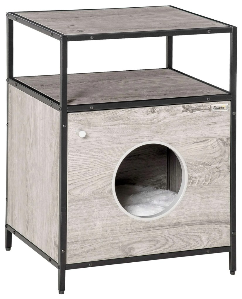 PawHut Casa para Gatos de Madeira com Aparência de Mesa Auxiliar com 2 Prateleiras de Armazenamento Caverna 48x40x65,5cm Carvalho