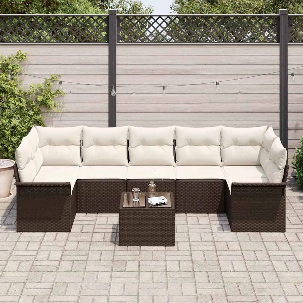 Conjunto de sofá de jardim de 8 peças com almofadas marrons em rattan