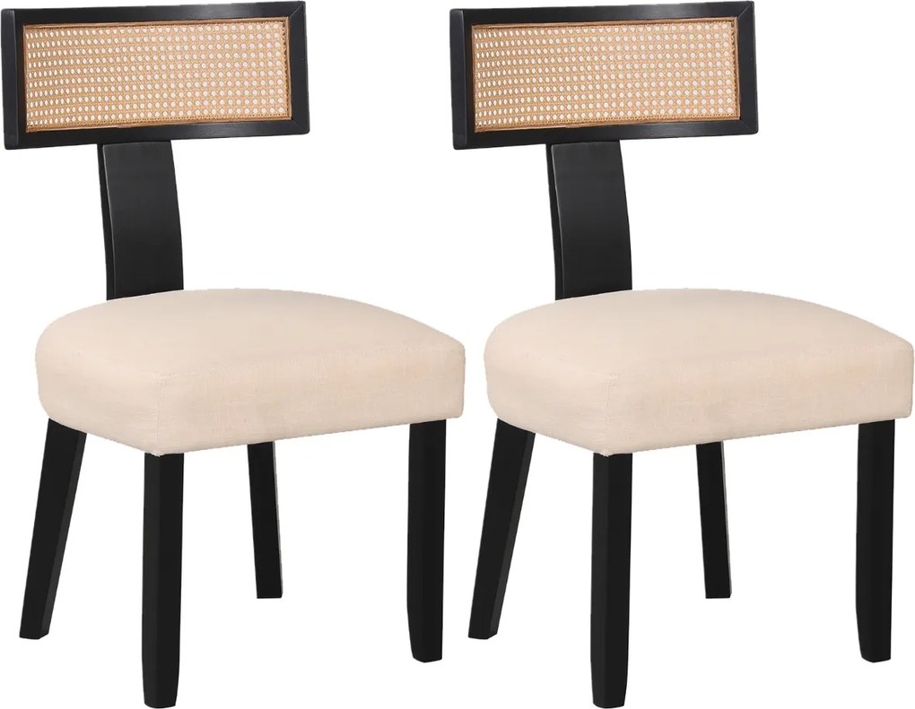Conjunto de 2 cadeiras de jantar em madeira de borracha, com assento estofado, encosto largo e rattan; para sala de estar, quarto ou restaurante; pret