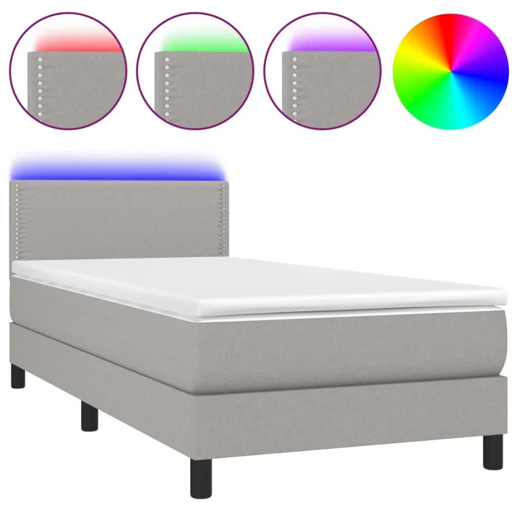 Cama box spring c/ colchão e LED 80x200 cm tecido cinza-claro