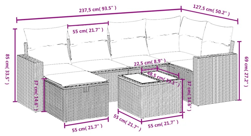 7 pcs conjunto de sofás jardim c/ almofadões vime PE castanho