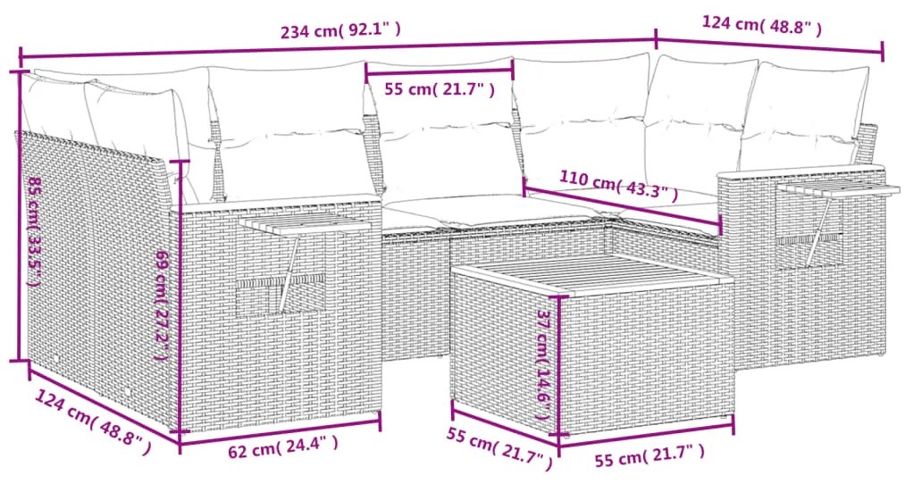 7 pcs conjunto sofás p/ jardim c/ almofadões vime PE cinzento