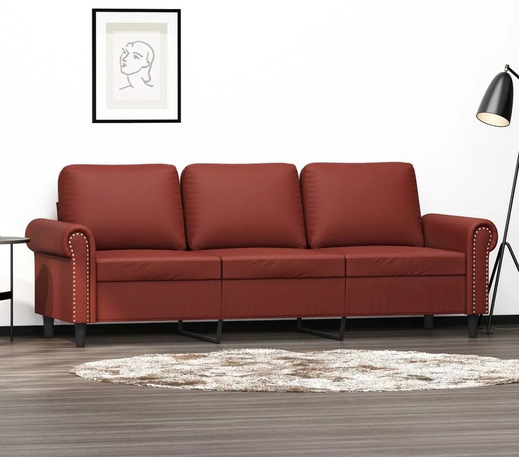 vidaXL Sofá de 3 lugares 180 cm couro artificial vermelho tinto