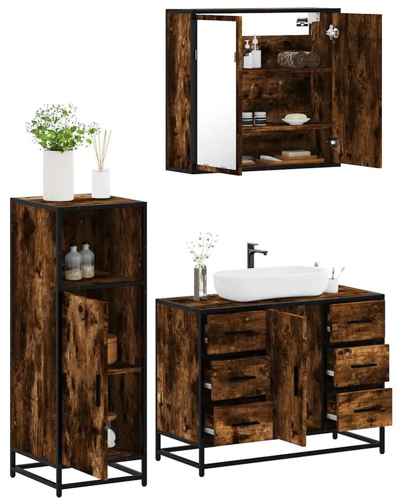 vidaXL 3 pcs conjunto de móveis WC madeira processada carvalho fumado