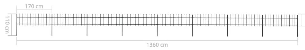 Cerca jardim com topo em lanças 13,6x0,6 m aço preto