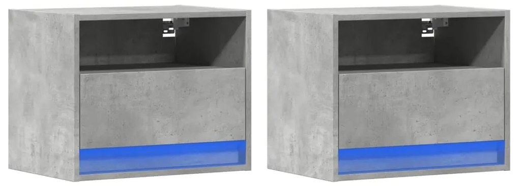 Mesas de cabeceira de parede c/ luzes LED 2pcs cinzento cimento