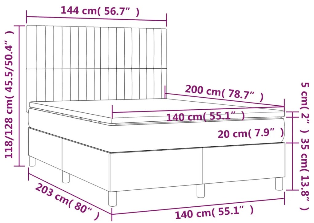 Cama box spring c/ colchão/LED 140x200cm tecido castanho-escuro