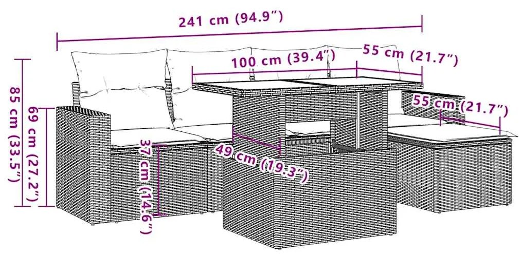6 pcs conjunto sofás de jardim c/ almofadões vime PE preto