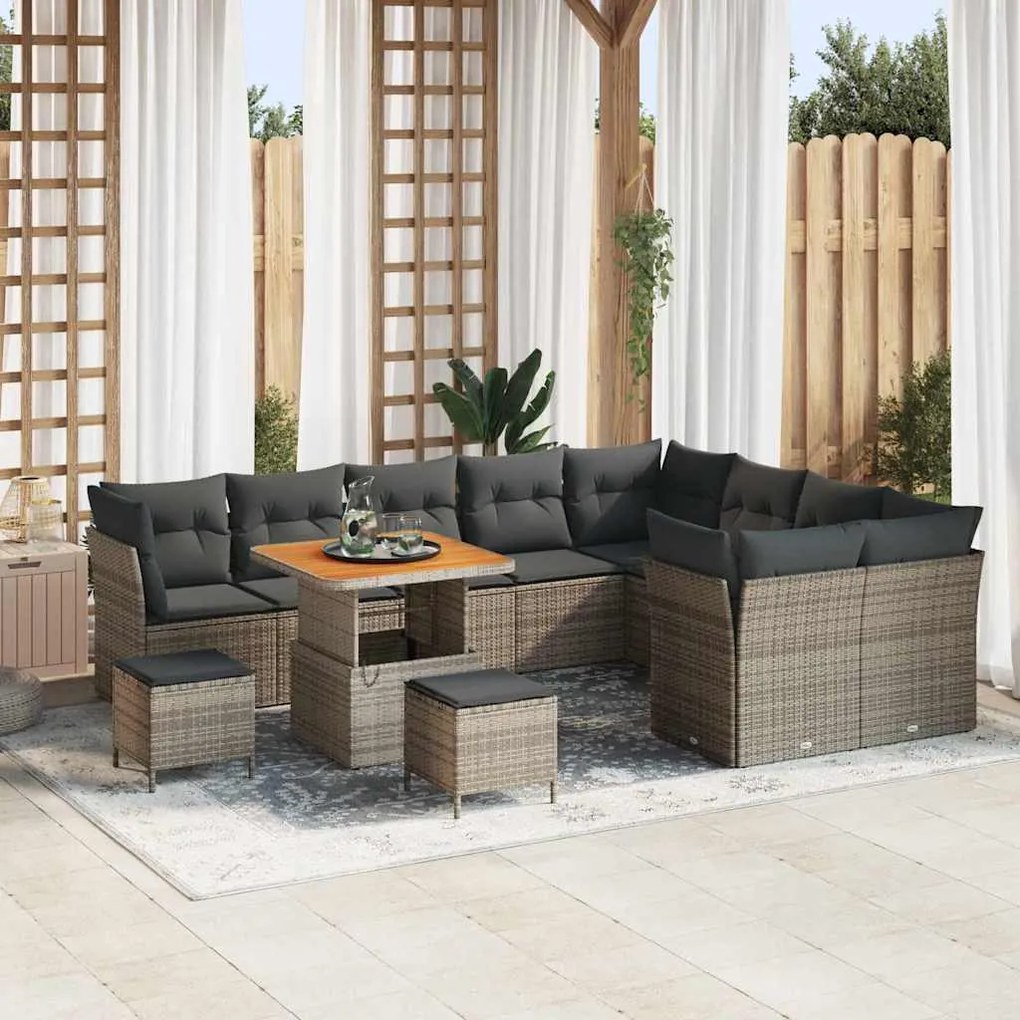 vidaXL Conjunto de Sofá de Jardim de 12 Peças com Almofadas Cinzas de Rattan e Acácia