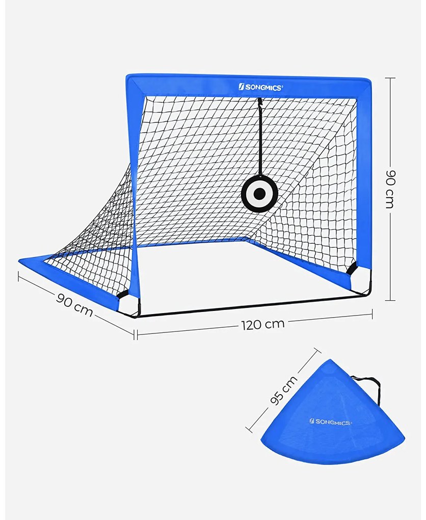 Conjunto de 2 balizas de futebol para crianças dobráveis com 6 cones de treino 90 x 120 x 90 cm em azul