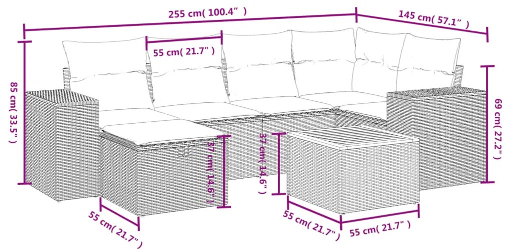 7 pcs conjunto de sofás p/ jardim c/ almofadões vime PE preto