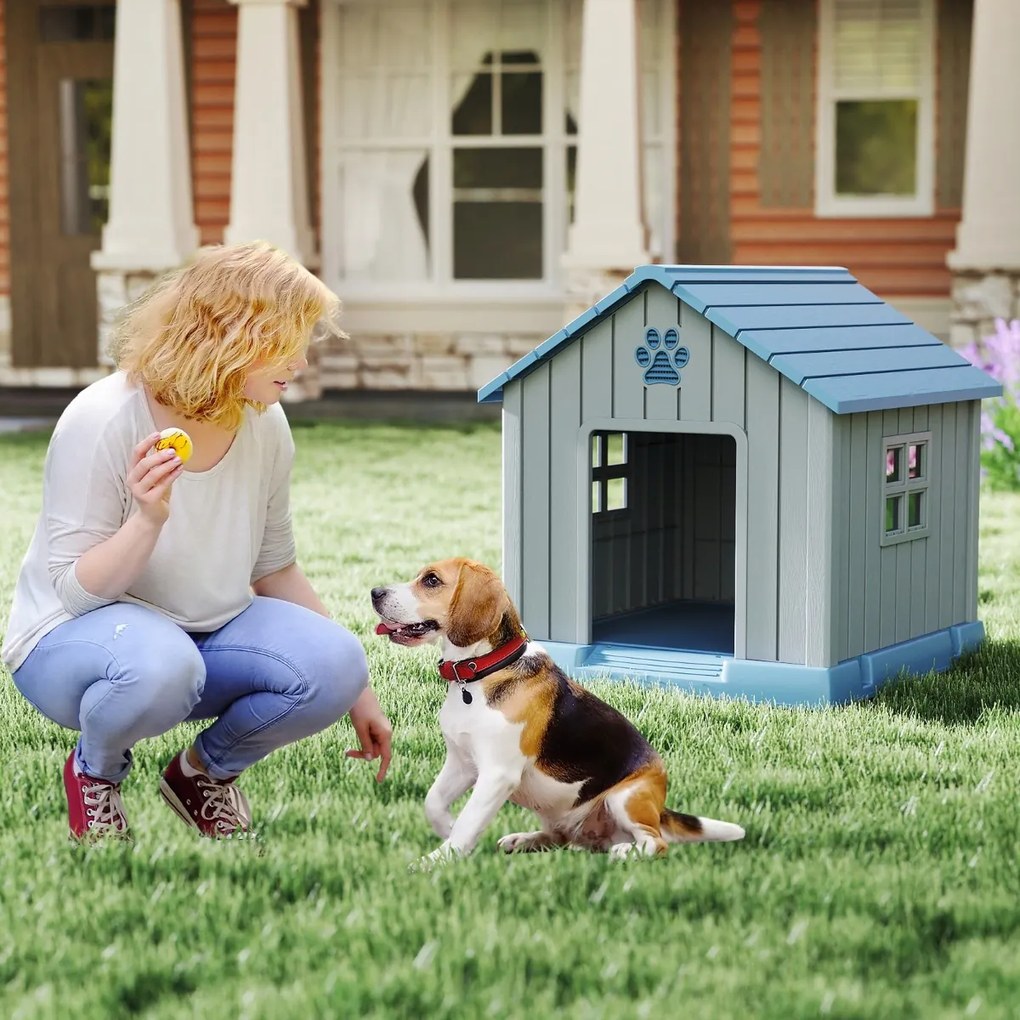 Casota de plástico para cães 76 x 83 x 83 cm impermeável e isolada com ventilação, piso elevado para interior e exterior, azul + cinza