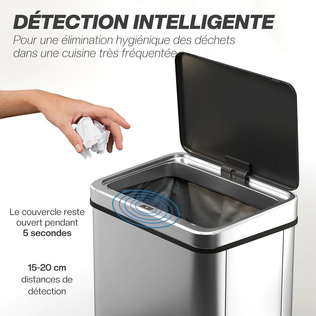 Caixote do lixo com sensor de 40 L, tampa com fecho suave, caixote do lixo de cozinha automático em aço inoxidável, prateado