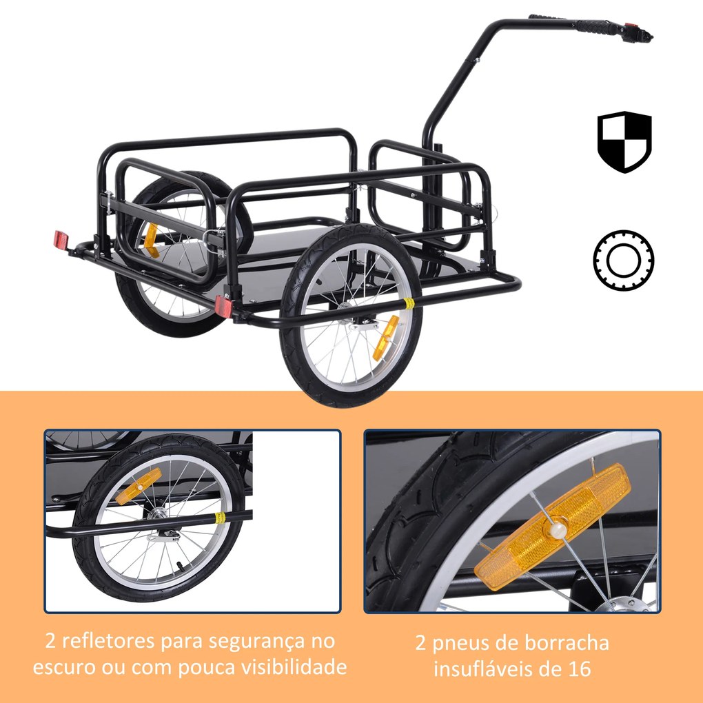 Reboque de Carga para Bicicleta Carrinho Dobrável para Bicicleta com 2 Rodas Refletores Carga 40 kg 155x71,5x77 cm Preto