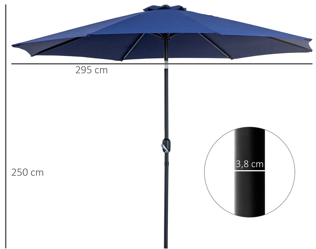 Chapéu de Sol de Jardim Ø295x250 cm com Manivela Mecanismo de Inclinação e Mastro Desmontável de Metal para Terraço Azul