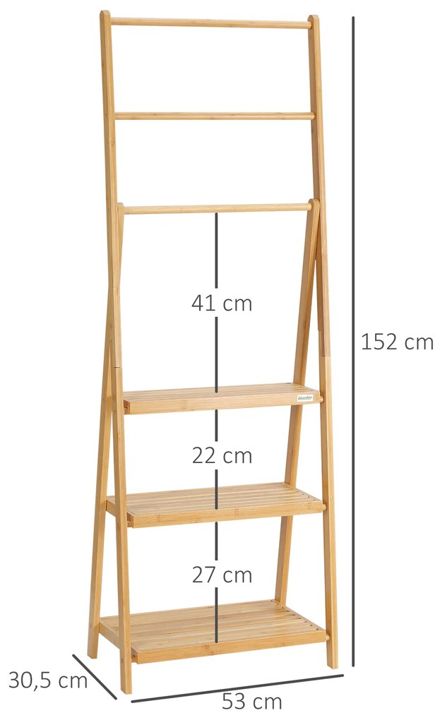 Toalheiro de Pé de Bambu com 3 Barras Toalheiro Dobrável com 3 Prateleiras de Armazenamento para Casa de Banho Lavanderia 53x30,5x152cm Madeira