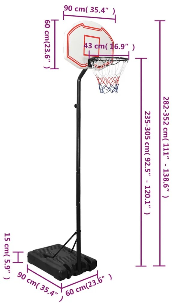 Tabela de basquetebol 282-352 cm polietileno branco