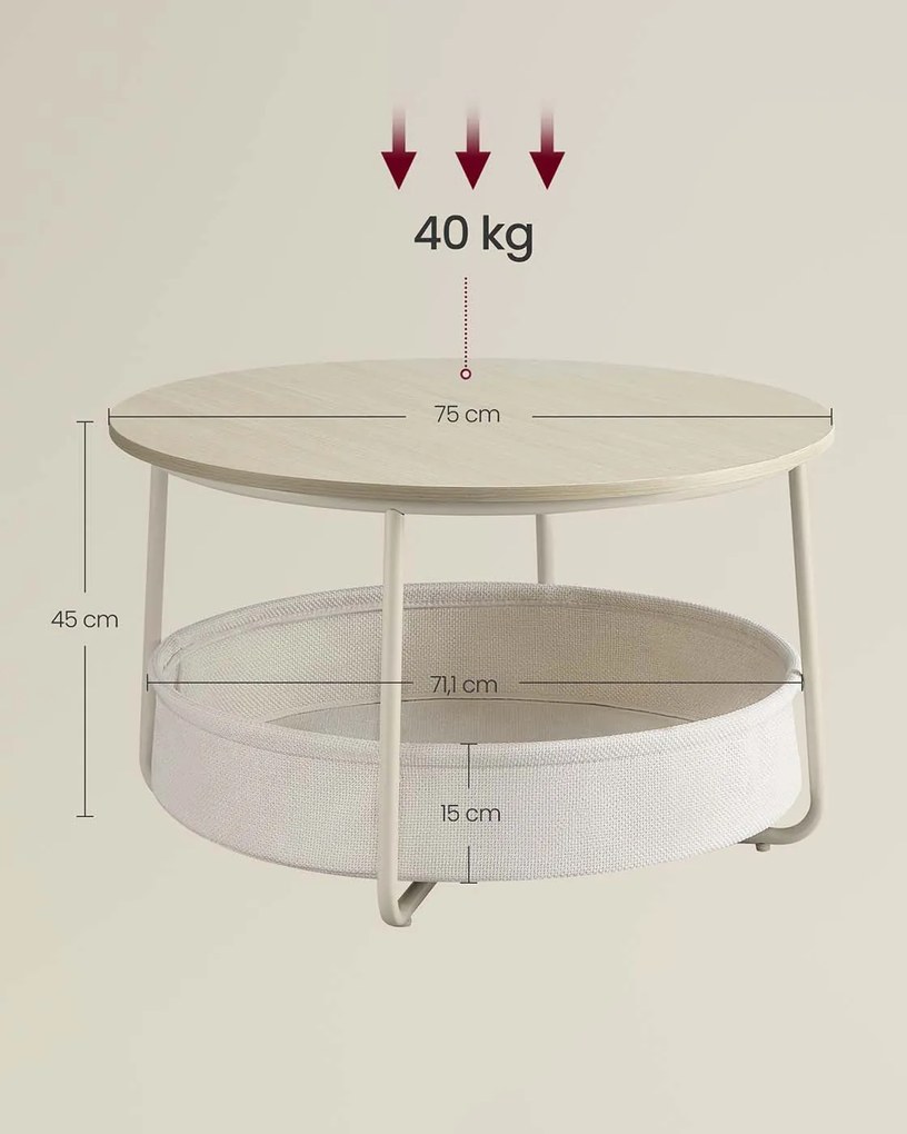 Mesa de centro redonda com cesto em tecido 75 x 45 cm bege natural + branco creme