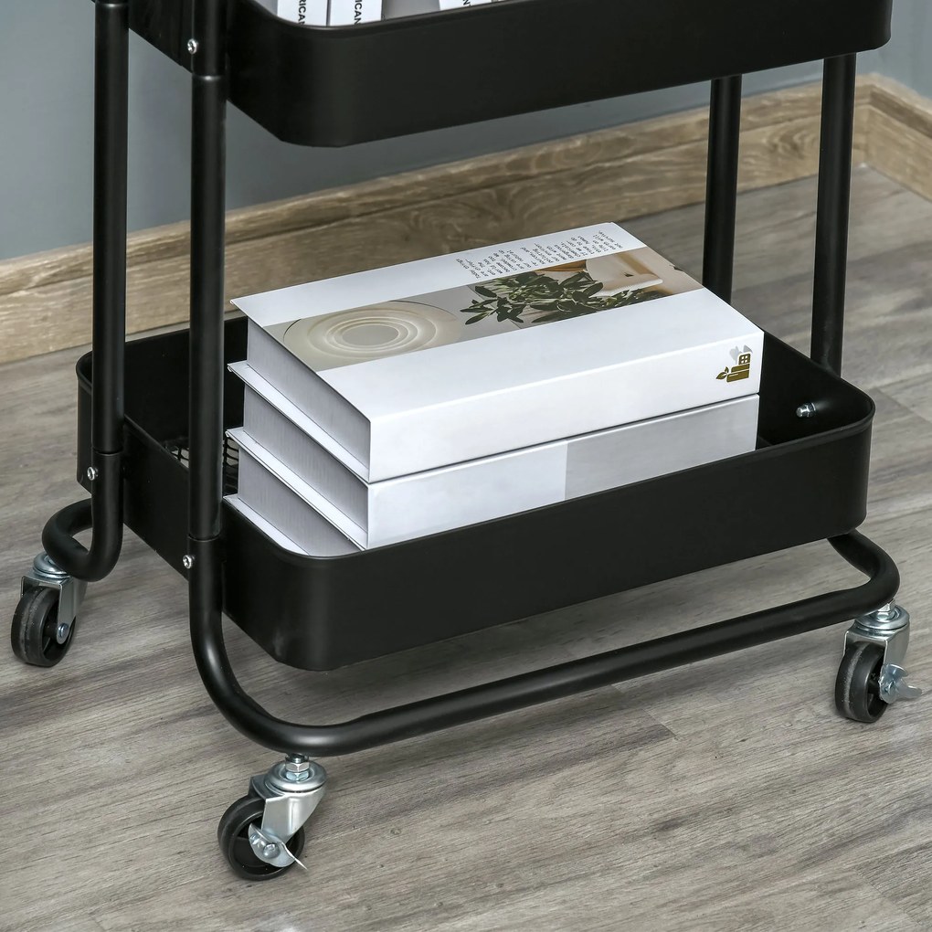 HOMCOM Carrinho de Cozinha com Rodas Carrinho de Armazenamento de 3 Níveis e Rodas com Freio para Sala de Estar Dormitório Escritório 46x34,5x76,5cm Preto