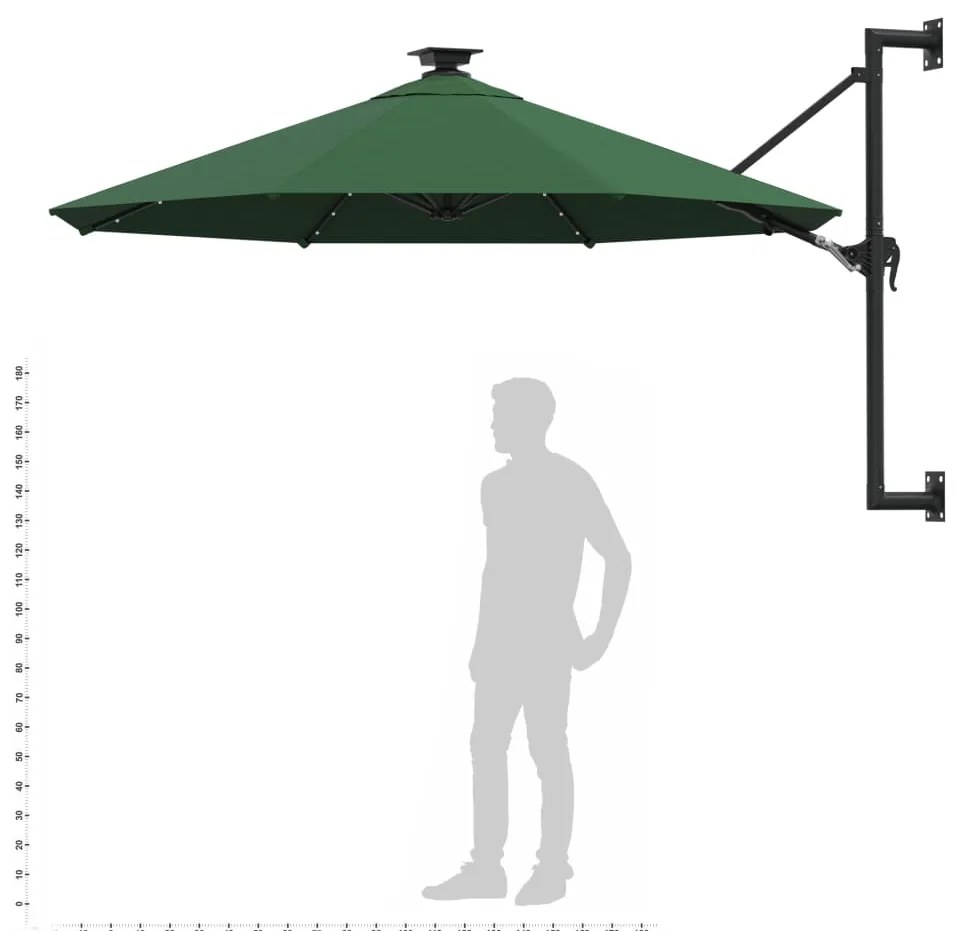 Guarda-sol para jardim de parede com luzes LED 300 cm verde