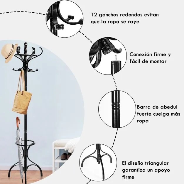 Cabide de madeira de 182 cm com 12 ganchos para corredor Quarto Escritório Preto