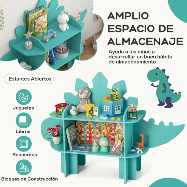 Estante de dinossauro de madeira de 2 níveis para crianças Organizador de brinquedos com prateleiras de arrumação abertas Verde