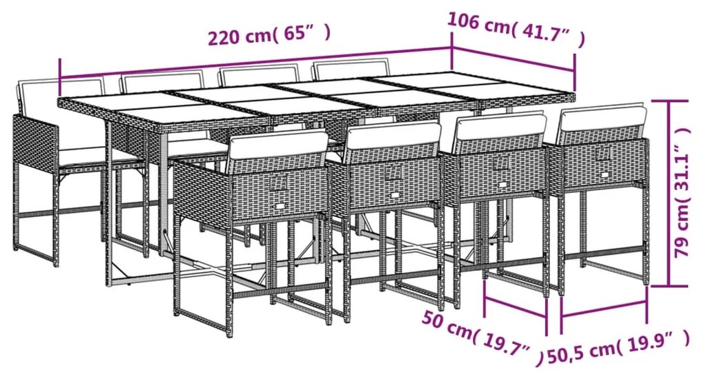 9 pcs conjunto de jantar p/ jardim com almofadões vime PE bege