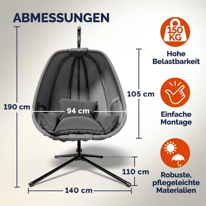 Cadeira suspensa Alvie 190 x 140 x 110 cm Cinzento