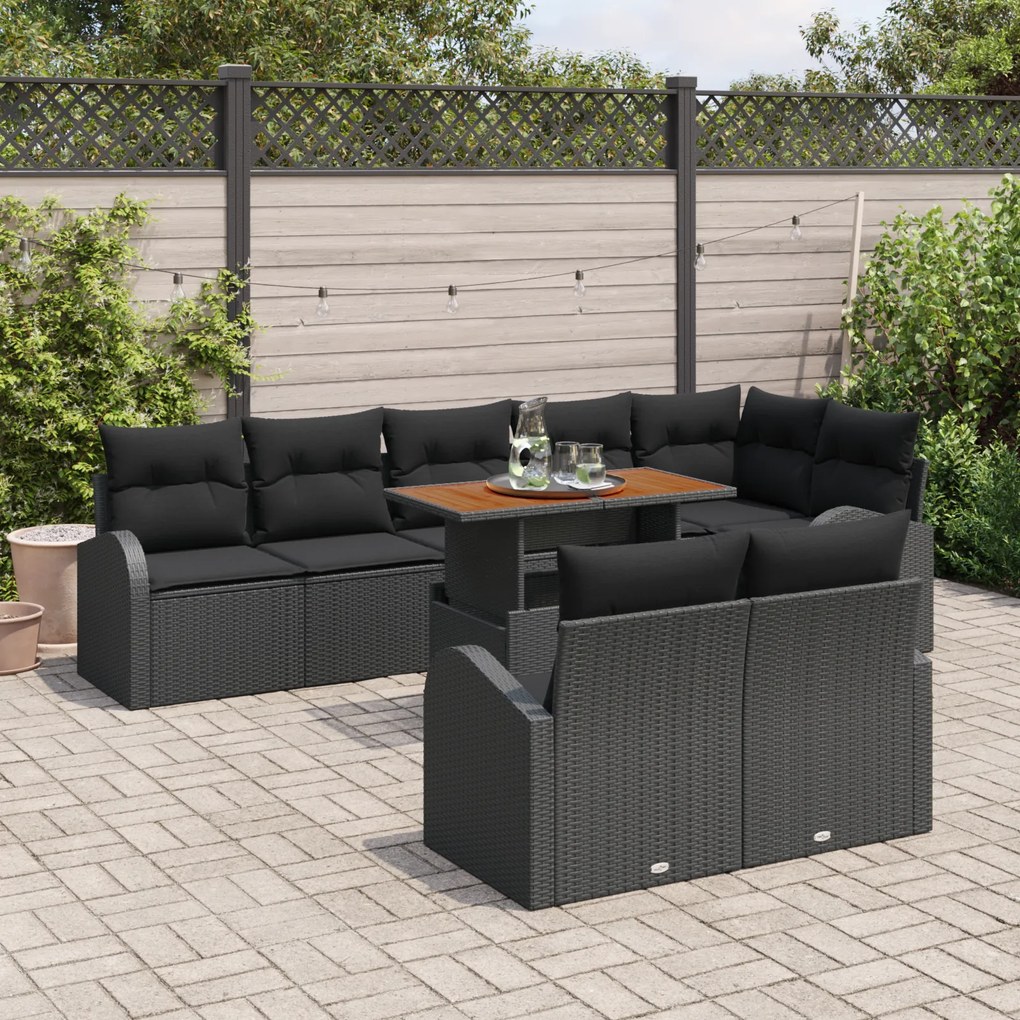 Conjunto de Sofá de Jardim vidaXL de 9 Peças com Almofadas Preto Vime