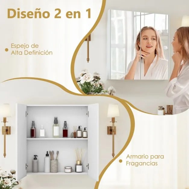 Armário de parede para casa de banho 62 x 65 cm com portas duplas espelhadas e Estante ajustável Branco