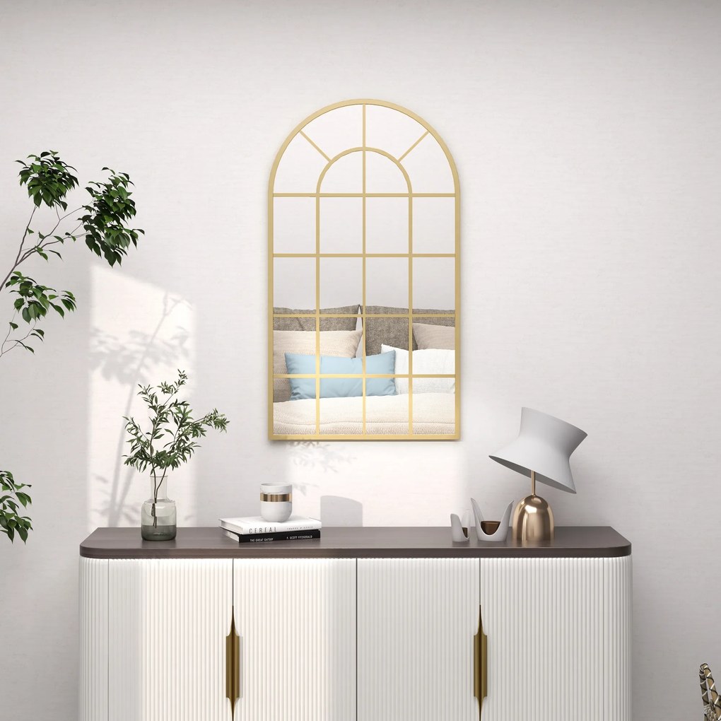 Espelho com vidro em arco, estilo industrial, janela em arco de metal, 110 x 65 cm, dourado