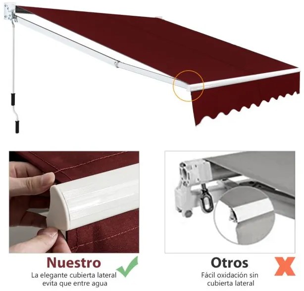 Toldo retrátil 245 x 200 cm com manivela manual em poliéster impermeável, marquise em alumínio para porta de parede ou janela Cor de Vinho