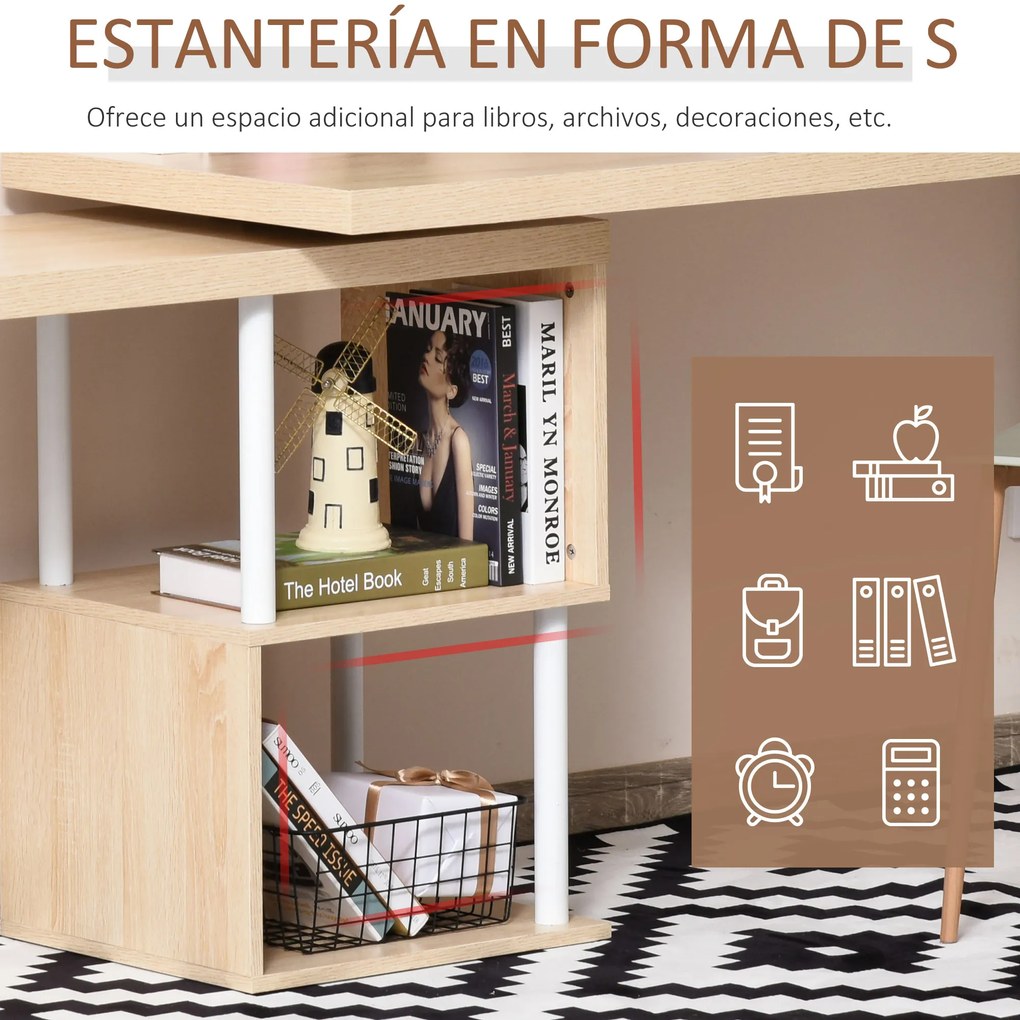 HOMCOM Secretária em forma de L Mesa giratória de 360º para computador várias formas com prateleira de 2 níveis em S Grande espaço de armazenamento 220x55x76 cm Carvalho