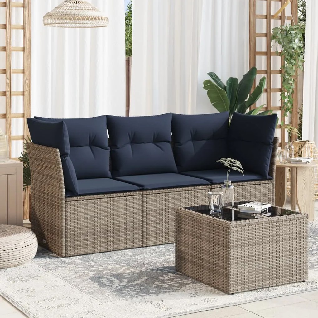 vidaXL 4 pcs conjunto sofás p/ jardim c/ almofadões vime PE cinzento