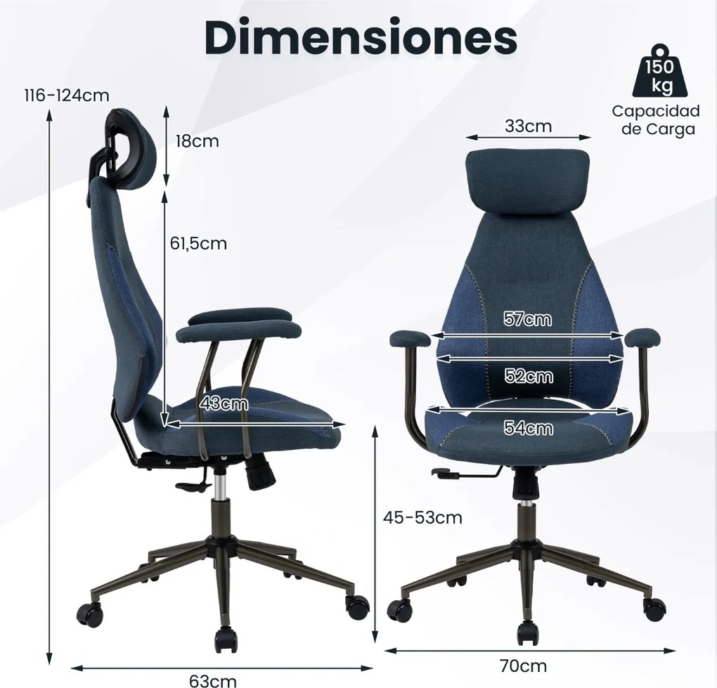 Cadeira de escritório ergonómica com encosto basculante, apoio de cabeça 2D e tecido de linho azul