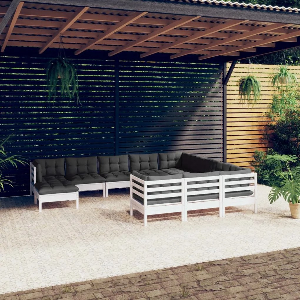 11 pcs conjunto lounge de jardim c/ almofadões pinho branco