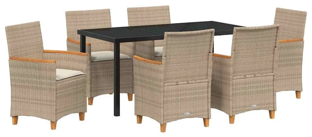 Conjunto de jantar de jardim com 7 peças e almofadas bege em rattan pl