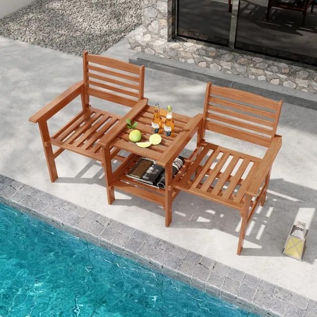 Sofá de jardim de 2 lugares com mesa de café em madeira com orifício para guarda-sol para jardim, piscina, varanda, terraço Castanho