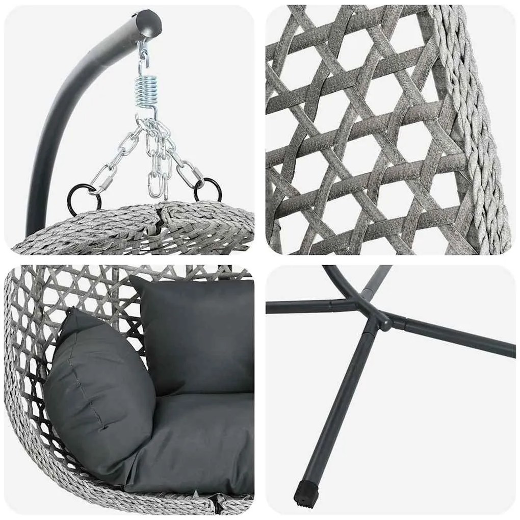 Cesta de Cadeira de Ovo com Suporte em Cinza Rattan Sintético