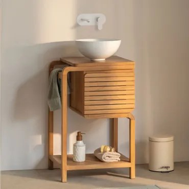 Conjunto De Móvel De Casa De Banho Em Madeira De Teca Bradley Cerâmica Branca Redonda Ø30 Cm Calgari & Sem Espelho & Branco - Sklum