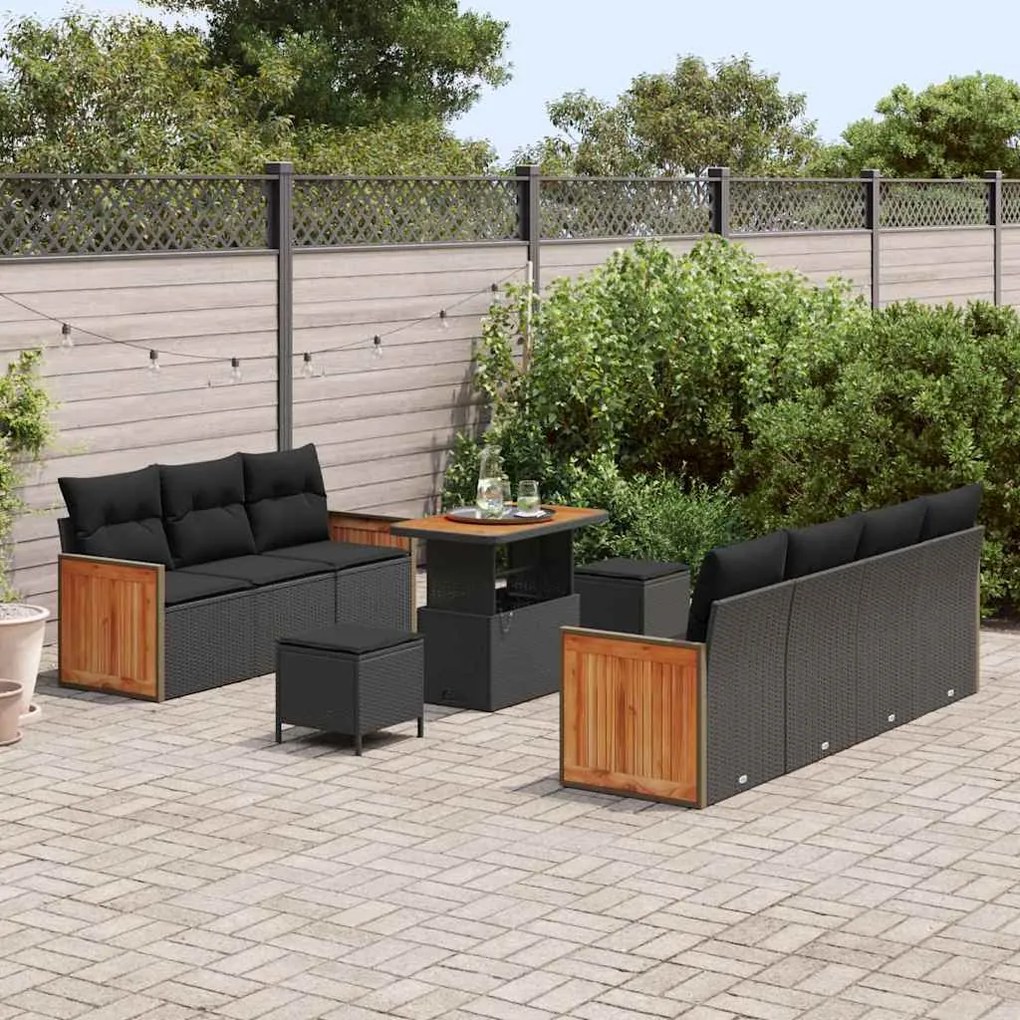Conjunto de Sofá de Jardim vidaXL de 10 Peças com Almofadas Preto Ratt